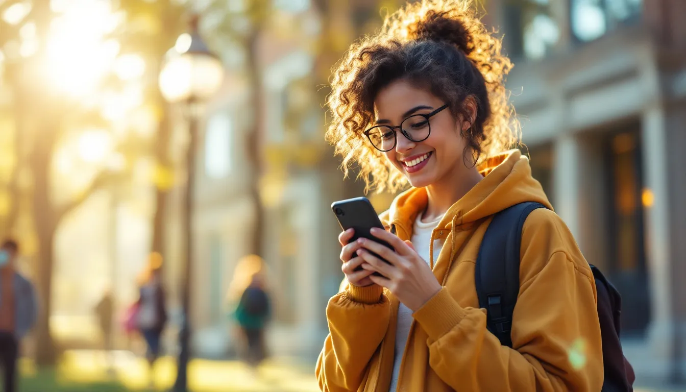 Student using a smartphone on a university campus