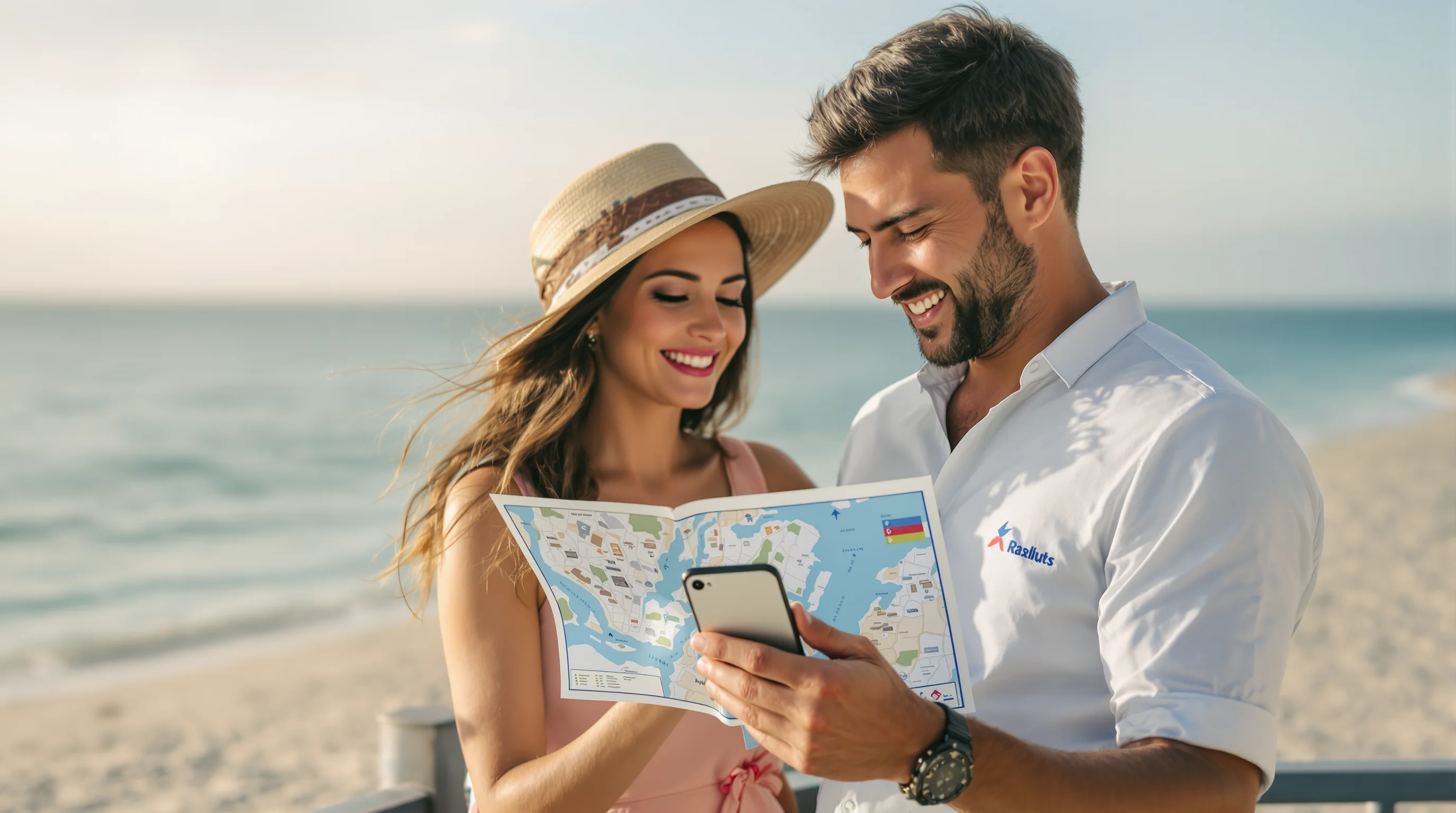 Vacation travelers at a seaside resort using a phone and maps